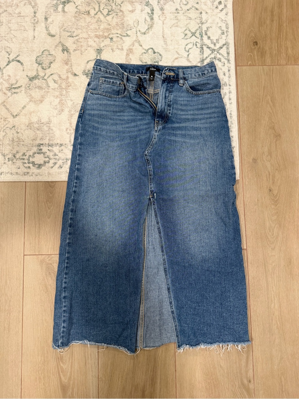 AQUA Denim Maxi Skirt – Front Slit, Raw Hem | Medium